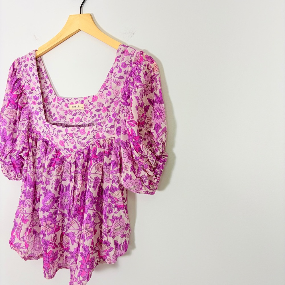 Spell Mossy Short Sleeve Blouse Purple Floral Boho Babydoll Top XS Cottagecore - Picture 3 of 6
